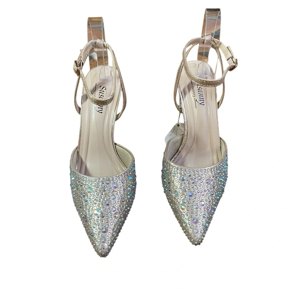 Rose Gold Rhinestone Heels Closed pointed toe Sz. 6.5‎ Party Cocktails Wedding